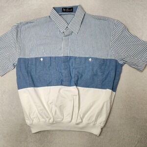 Vintage Alan Stuart Polo Shirt Mens L Blue Striped Banded Work School USA Made